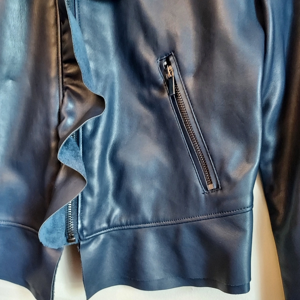 Zara Blue Ruffle Faux Leather Jacket Size Small NEW NWT - Picture 4 of 9